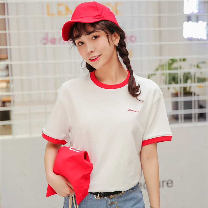 Harajuku Kawaii футболка с коротким рукавом летняя женская вышивкой Kpop Ulzzang топы для