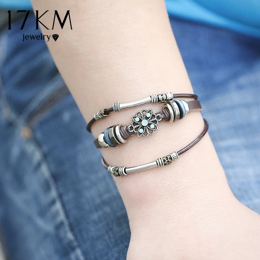 17 км 2 Стиль Vintage Цветочные браслеты и браслет Boho несколько слоев кожаный ручной