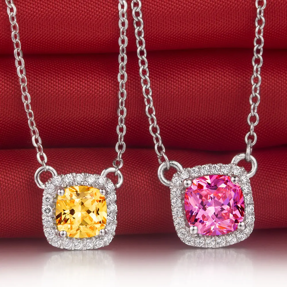Affordable Nice Quality 3Ct 8*8mm Pink/Yellow Color Cushion Cut Diamond Pendant 925 sterling silver Necklace with Free Chain | Украшения и
