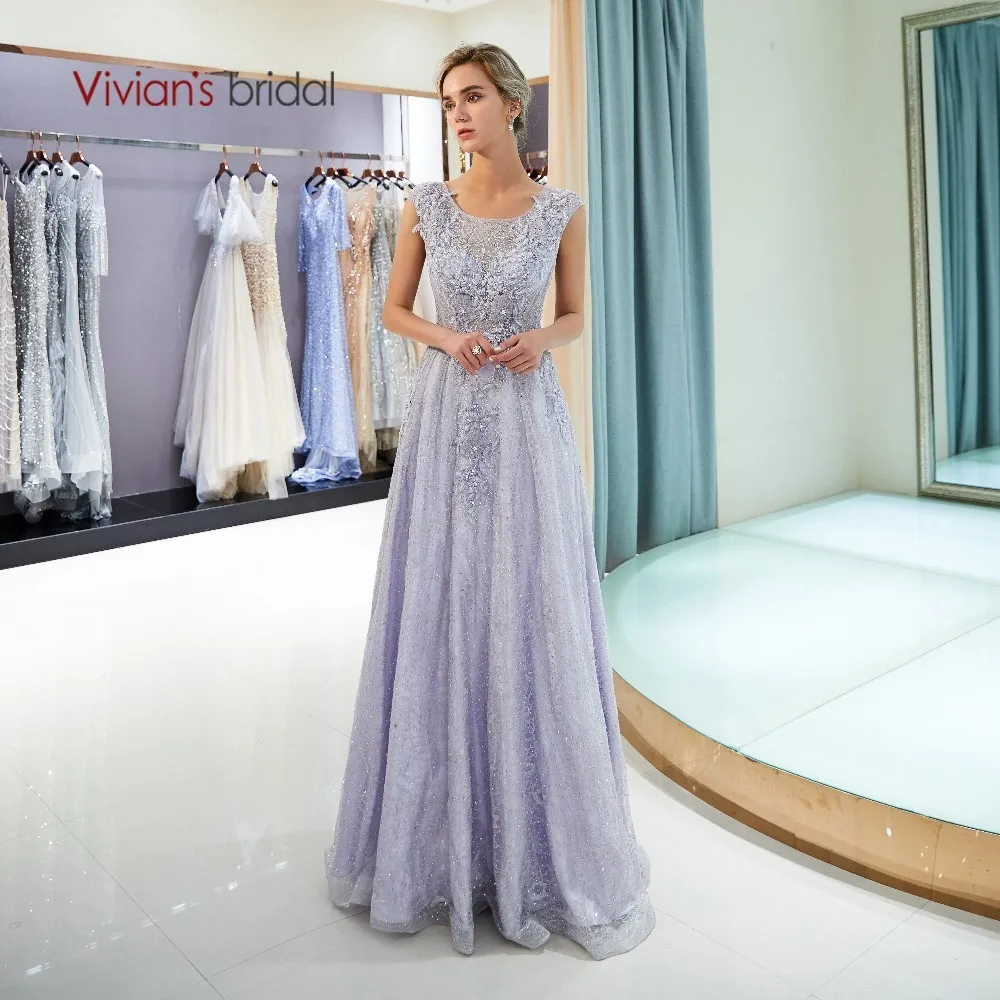 Женское вечернее платье Vivian's Bridal светло-фиолетовое с жемчугом и О-образным