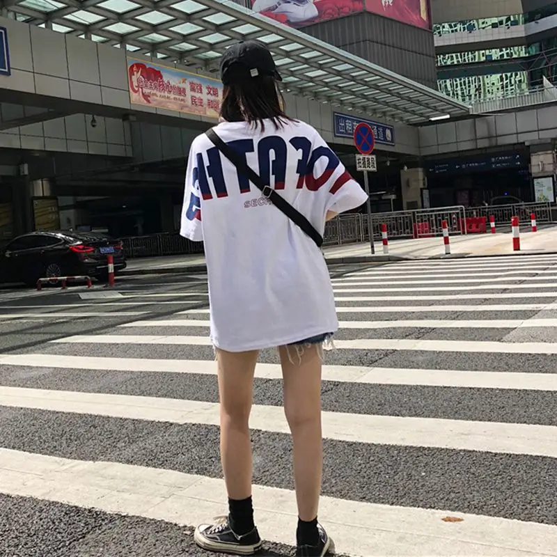 

Girls Summer Round Neck Loose T-shirt Casual Women's Back Letters Printed Half-sleeved Simple Wild T-shirt