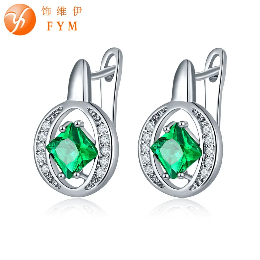 

FYM Brand 7 Colors Green Square Cubic Zirconia Earring for women Fashion Sliver Color Hoop Earrings Female Hollow Jewelry