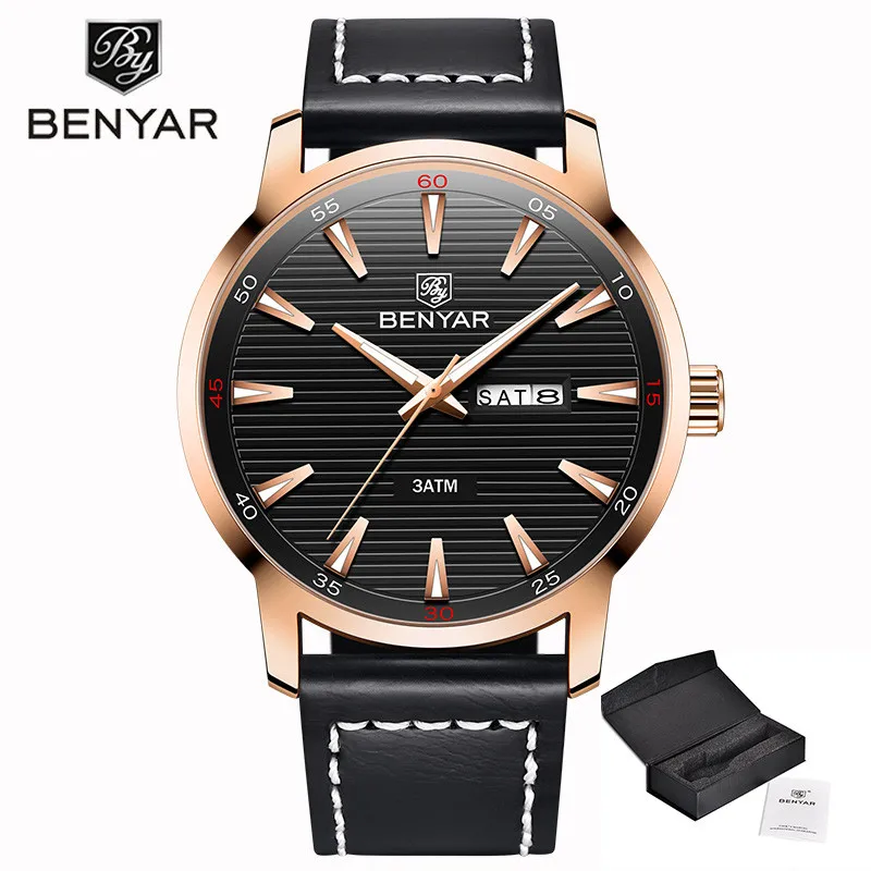 Gold Black L Новые мужские часы Топ бренд класса люкс BENYAR кварцевые наручные часы мужские модные повседневные кожаные часы Reloj Hombre светящиеся военные часы - Цвет: Gold Black L