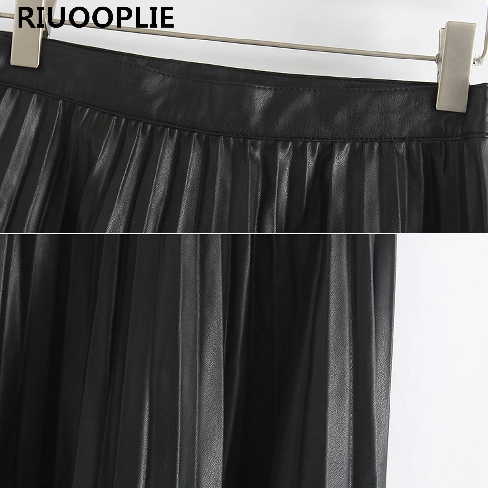 RIUOOPLIE длинная Плиссированная кожаная юбка женские черные юбки с высокой талией весенние женские винтажные