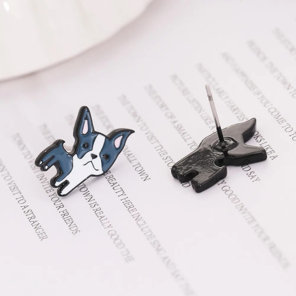 

Daisies Boston Terrier Puppy Shaped Enamel Handmade Cute Cartoon Animal Dog Stud Earrings For Women Animal Jewelry