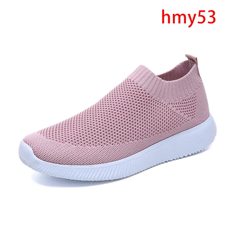 hmy53-pink Модные кроссовки для женщин; трикотажные вулканизированные туфли на плоской подошве; обувь без застежки; женская обувь; zapatos mujer - Цвет: hmy53-pink