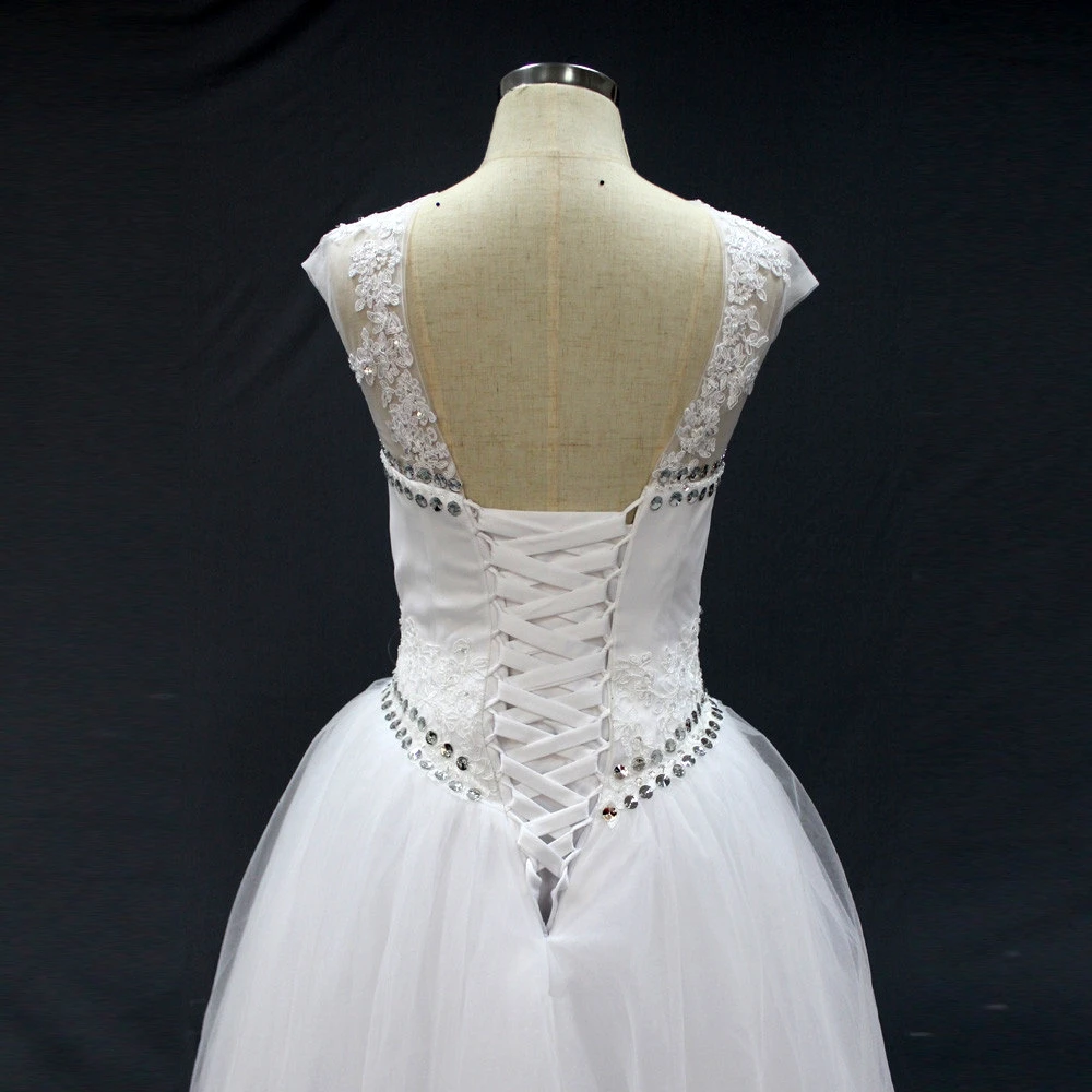 Новый Fashioned Line Свадебное Платье с Кристально О Шеи Белый Casamento Плюс Размер Тюль