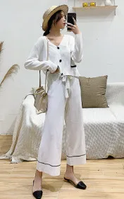 Белый ALPHALMODA куртка с v-образным вырезом+ широкие брюки весенняя мода 2 шт. вязаный костюм женский удобный свитер кардиган брюки комплект - Цвет: Белый