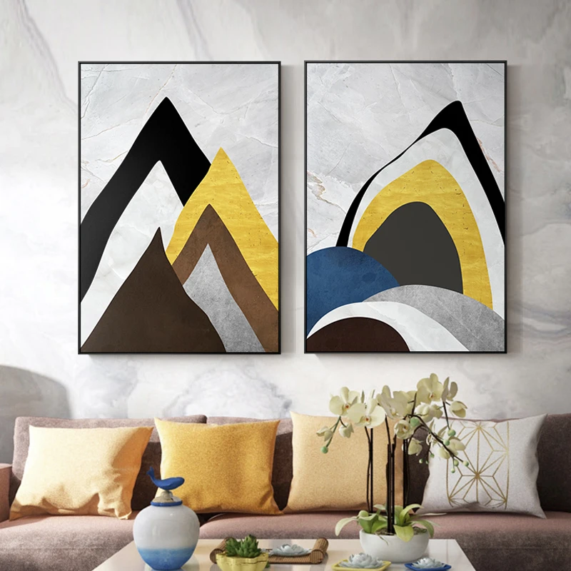 

Abstract Minimalist Mountain View Color Blocks Gold Scenery Poster For Tableau Decoration Murale Salon Modern Bedroom Home Decor