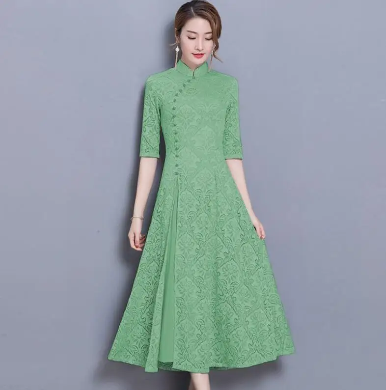 6 new vintage Lace Long dress women Summer Chinese Style A-Line dress Solid color Half sleeve Ankle-Length dress women - Цвет: 6