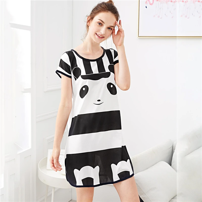 Dotfashion черный и белый с принтом панды в полоску Ночное платье для женщин короткий рукав пижамы повседневное летняя одежда для сна