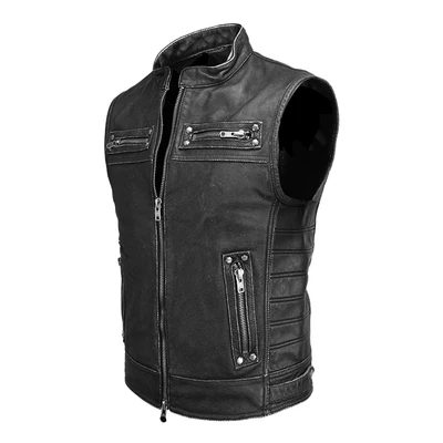 Vintage Black Черный мужской американский Байкерский кожаный жилет размера плюс XXXXL из натуральной воловьей кожи весенний приталенный мотоциклетный жилет - Цвет: Vintage Black