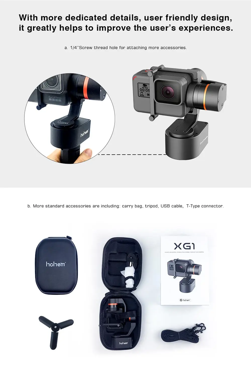 Hohem XG1 3-осевому гидростабилизатору для GoPro Hero 7/6/5/4/3 переносной стабилизатор руль велосипеда/шлем/Автомобильный монтажный однажды действий Камера