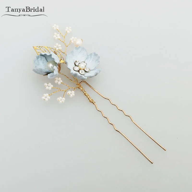 Light Blue Flowers Bridal Headpieces Comb Pearls Crystal Wedding Accessoires 4 pieces Romantic Beauty Hairclip DH019