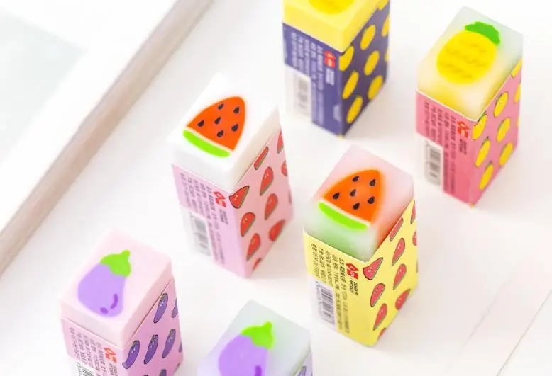 4 Pcs/set Cute Fresh Fruits Watermelon Pineapple Eggplant Rubbers Pencil Erasers For Kids Correction Gifts Korean Stationery