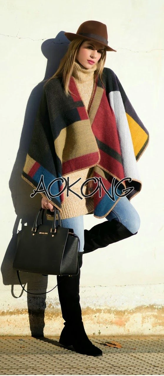 Зимнее Брендовое женское одеяло пончо пальто верхний кашемировый шерстяной шарф