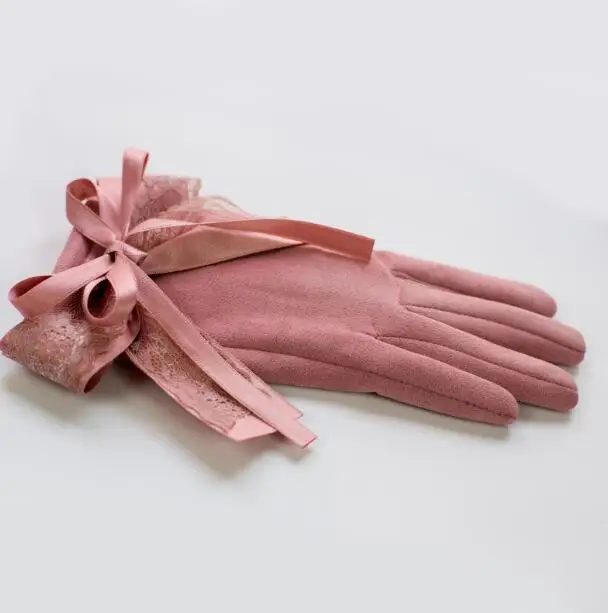 Autumn winter women's faux suede leather touch screen driving gloves girls sexy lace bow gloves thicken warm fleece ling R207