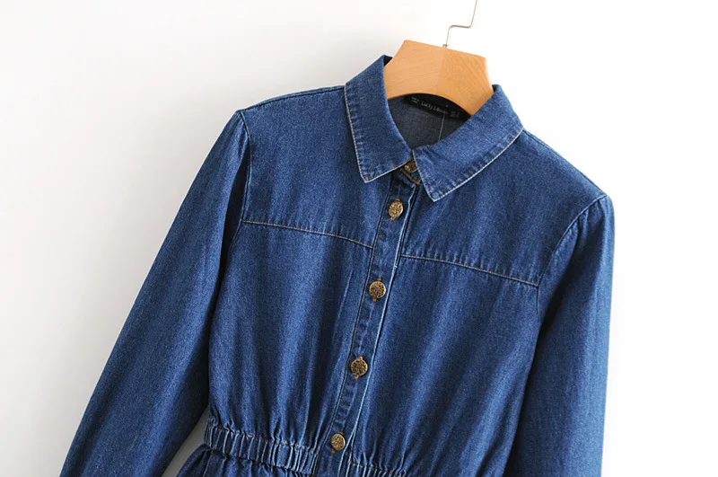 Офисное сексуальное джинсовое платье осень с эластичной талией длинным рукавом