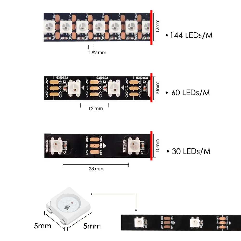 WS2812B Светодиодные ленты DC 5V чёрно-белые печатные платы умный прибор приемно-пикселей WS2812 IC 30/60/144 светодиодный s RGB 50 см 1 м 2 м 3 м 4 м 5 м 17Key бар