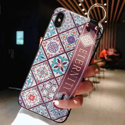Wrist Strap Case Cover For Iphone 7 8 Plus Phone X XS Soft TPU Silicone Vintage Flower Pattern Holder |