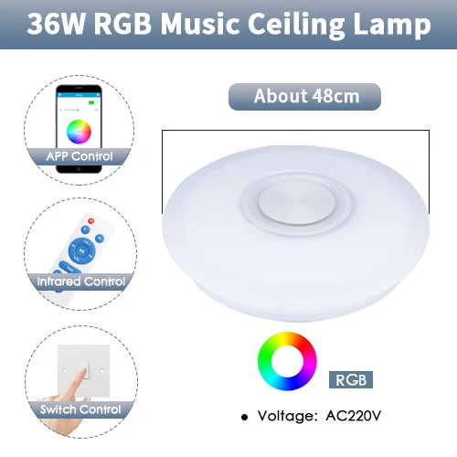 RGB-RT-BT-APP 48cm RGB светодиодный потолочный светильник с регулируемой яркостью, Bluetooth, музыкальная лампа, 220 В, дистанционное управление, умное освещение динамиков вечерние, для спальни, гостиной, 36 Вт, 40 Вт - Цвет корпуса: RGB-RT-BT-APP 48cm