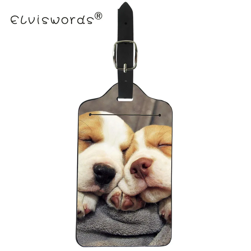 

ELVISWORD Luggage Tag Cute Puppy Dog Print Suitcase Name ID Address Tags Fashion PU Leather Label Bag Tags Travel Accessories