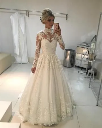 

Vintage lace Wedding Dresses A-line High Neck Long Sleeves Lace bridal Dresses Floor Length Bridal Wedding Gowns