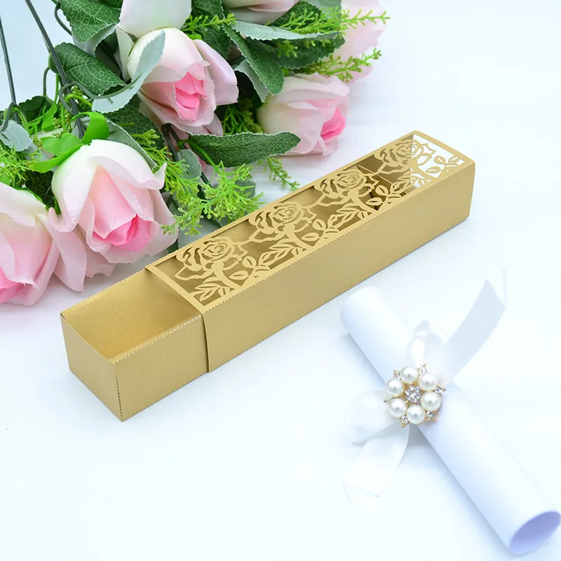 100 pcs Box wedding invitation laser cut rose light brown pearl paper gifts for guests | Дом и сад
