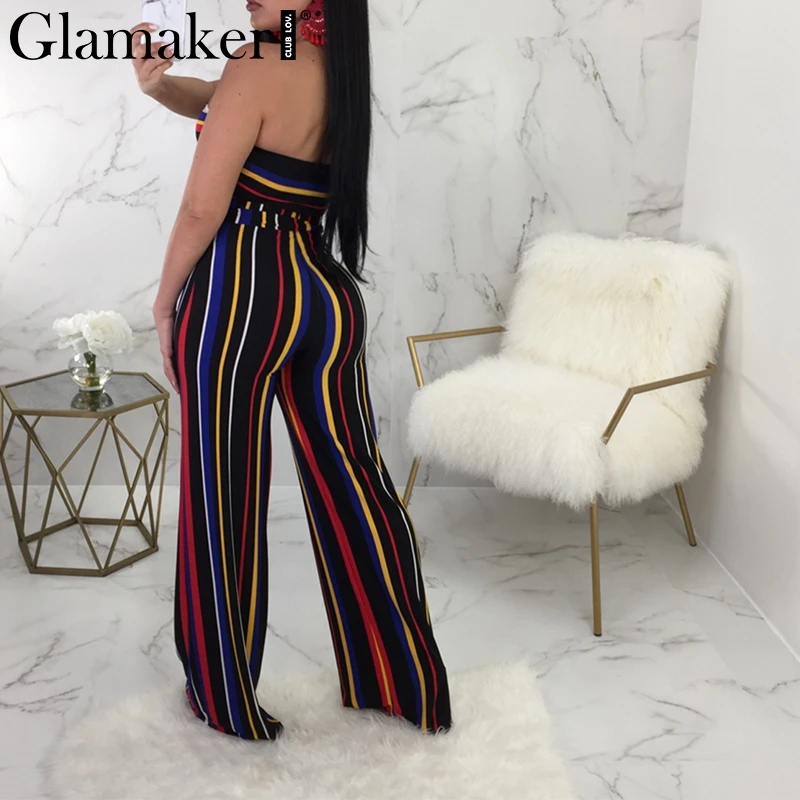 Glamaker Boho костюм из двух предметов, полосатый соблазнительный комбинезон-Ромпер, пояс с высокой талией, укороченный Летний комбинезон, женский комбинезон без бретелек