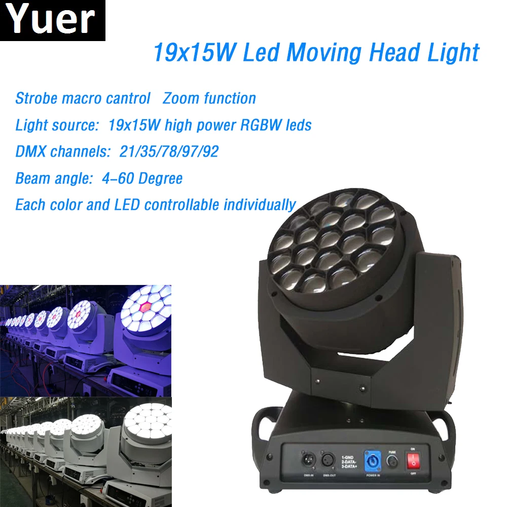 19x15 Вт rgbw 4 в 1 большой пчелиный глаз dmx512 движущаяся головка луч света зум 110-240 dj