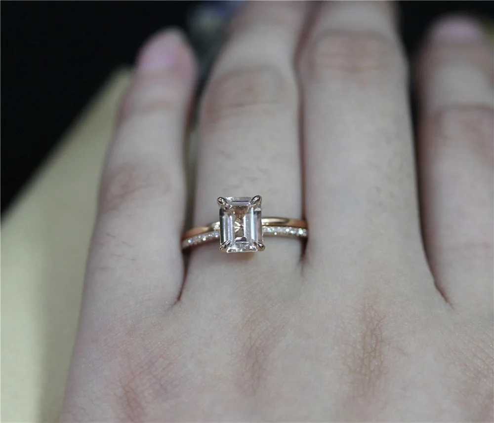 

DUPUY VS 6*8mm Emerald Cut Morganite Engagement Ring Set Solid 14K Rose Gold Plain Wedding Ring Set 2pcs Solid 14K Rose Gold Set