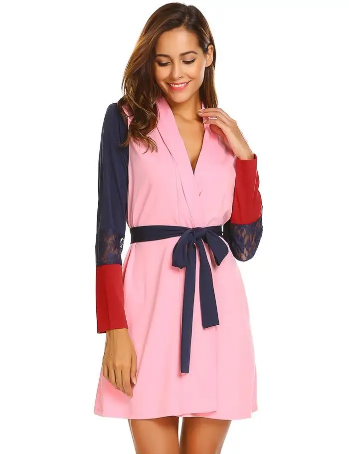 Ekouaer Women Sleepwear Robe Long Sleeve Pockets Patchwork Lace Contrast Color Kimono Bathrobe Spa Robes Female Nightwear