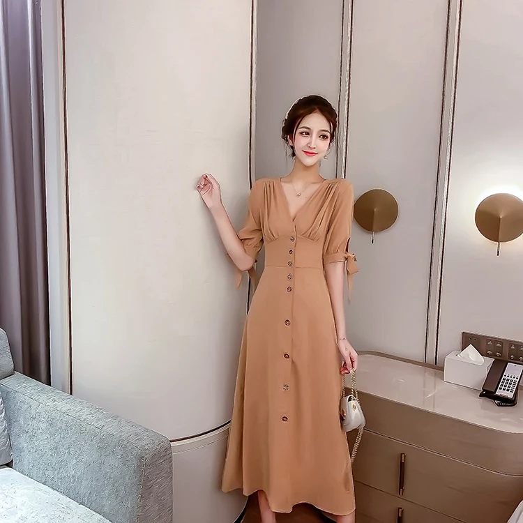 2019 new French retro single-breasted waist V-neck slim dress | Женская одежда