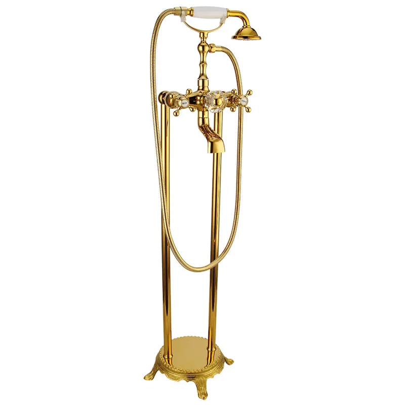 Bathtub Faucet Brass Mixer Tap With Hand Shower Floor Standing Style Dual Handle Golden Bathroom Bath Set | Обустройство дома