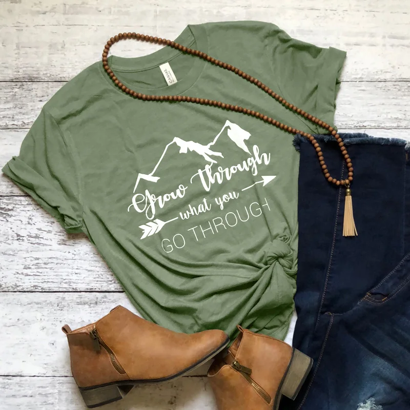 Grow Through What You Go T-shirt Summer Graphic Inspirational Camping Tees Tops Men Women Aesthetic Tumblr Travel Tshirt | Женская