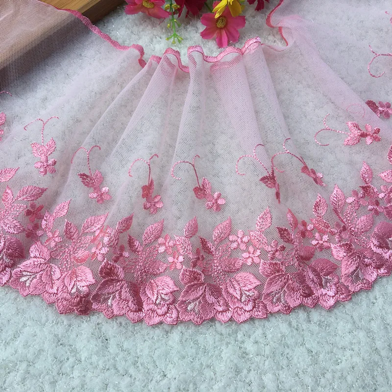 17.5cm or 6.89inch wide -7yards/lot Deep Red Pink Embroidered Floral Tulle Lace Trim Mesh Embroidery | Дом и сад