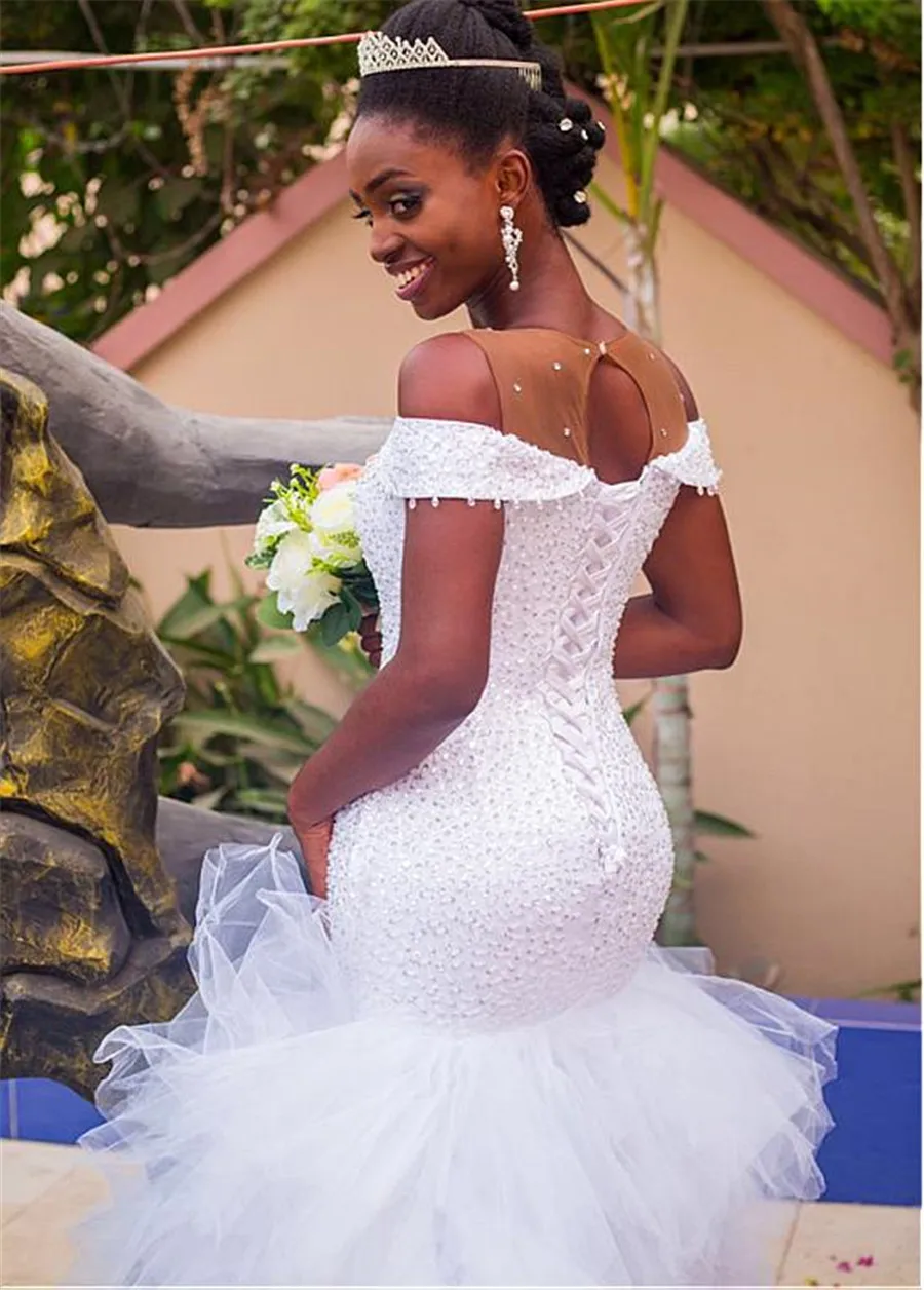 Fashionable Off the Shoulder Tulle Jewel Neckline Mermaid Wedding Dress With Beadings Ruffles Bridal Gowns | Свадьбы и торжества
