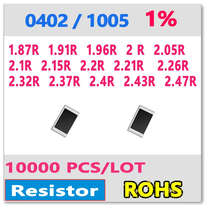 

JASNPROSMA OHM 0402 F 1% 10000pcs 1.87R 1.91R 1.96R 2R 2.05R 2.1R 2.15R 2.2R 2.21R 2.26R 2.32R 2.37R 2.4R 2.43R 2.47R smd 1005