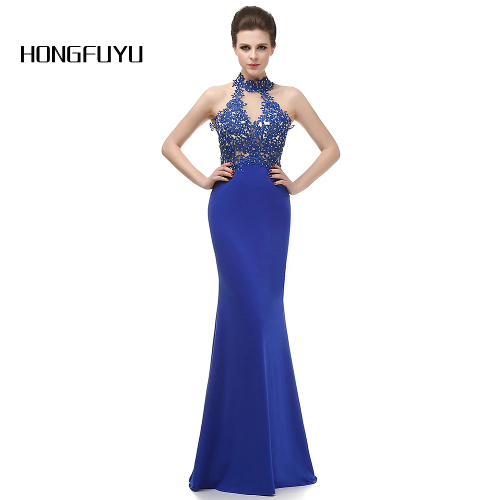 Real Sample Royal Blue Chiffon Appliques Long Evening Dresses 2019 Mermaid Beading Halter Floor Length Dress 05DB257 | Свадьбы и
