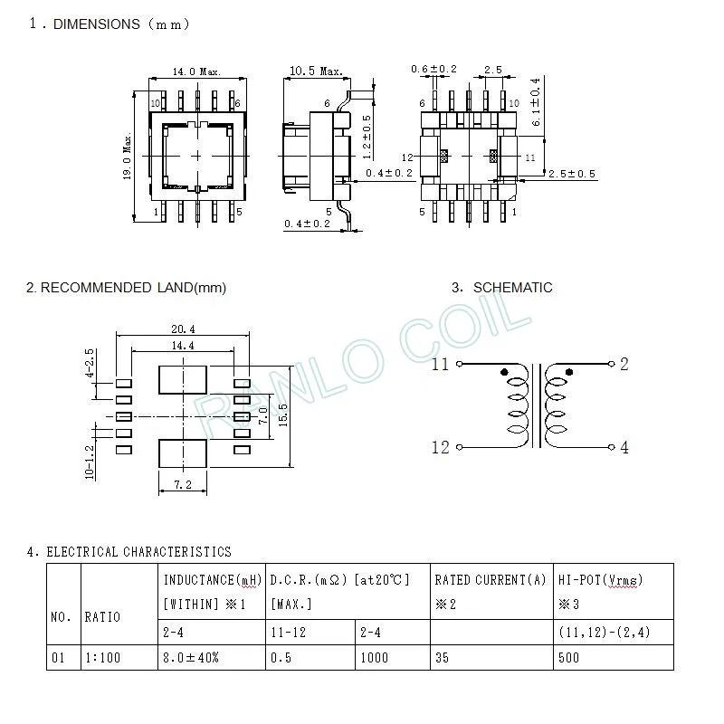 5 шт. EF12.6 CEEH1310C 100: 1 1: 100 SMD магнит ферритовый сердечник трансформатор тока + pin |