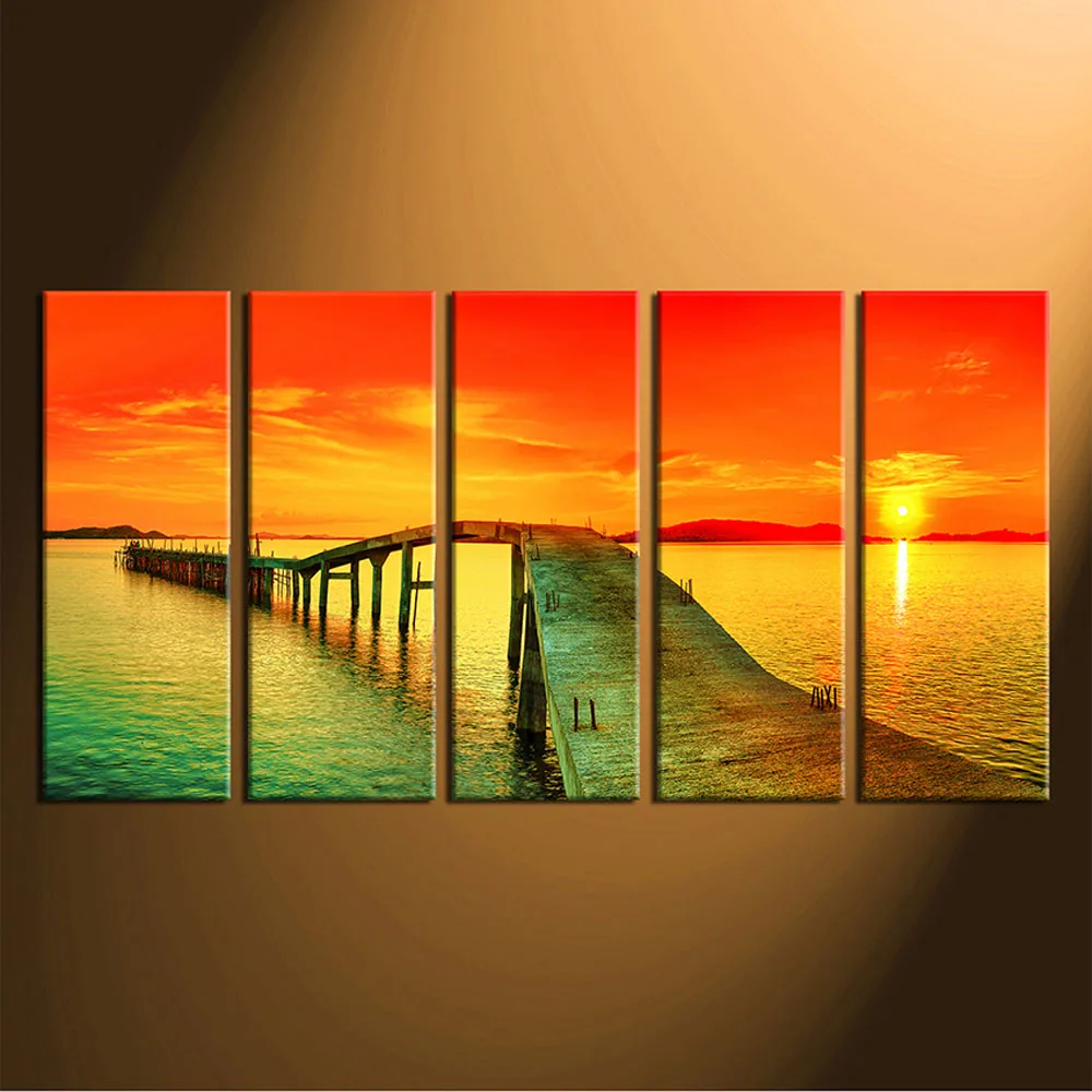 5 шт. холст настенное искусство оранжевое небо огромные фотографии панорамный