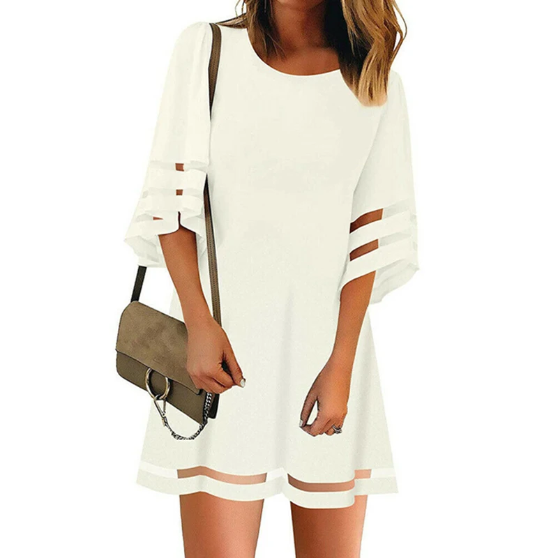 Новые женские 3/4 Летучая мышь с круглым вырезом сетки Панель качели свободное