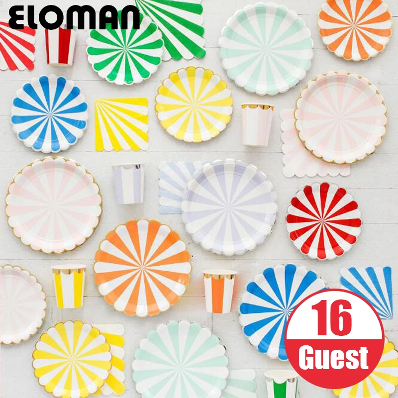 

ELOMAN 16 24 32 Guest rainbow strip paper tableware sets for bithday wedding holiday garden party cups plates napkin decorations