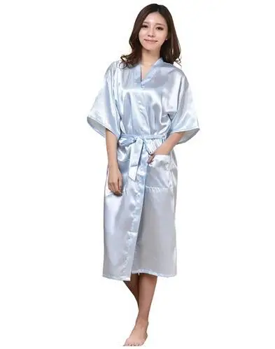 light blue Женское шелковое атласное длинное свадебное платье для невесты и подружки невесты кимоно халат Feminino банный халат большой размер XXXL пеньюар Femme сексуальный халат - Цвет: light blue