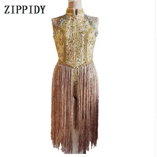 Bodysuit Women's Birthday Celebrate Outfit Bar Show Singer Dance Clothes Gold Embroidery Pearls Rhinestones Sleeveless Tassel