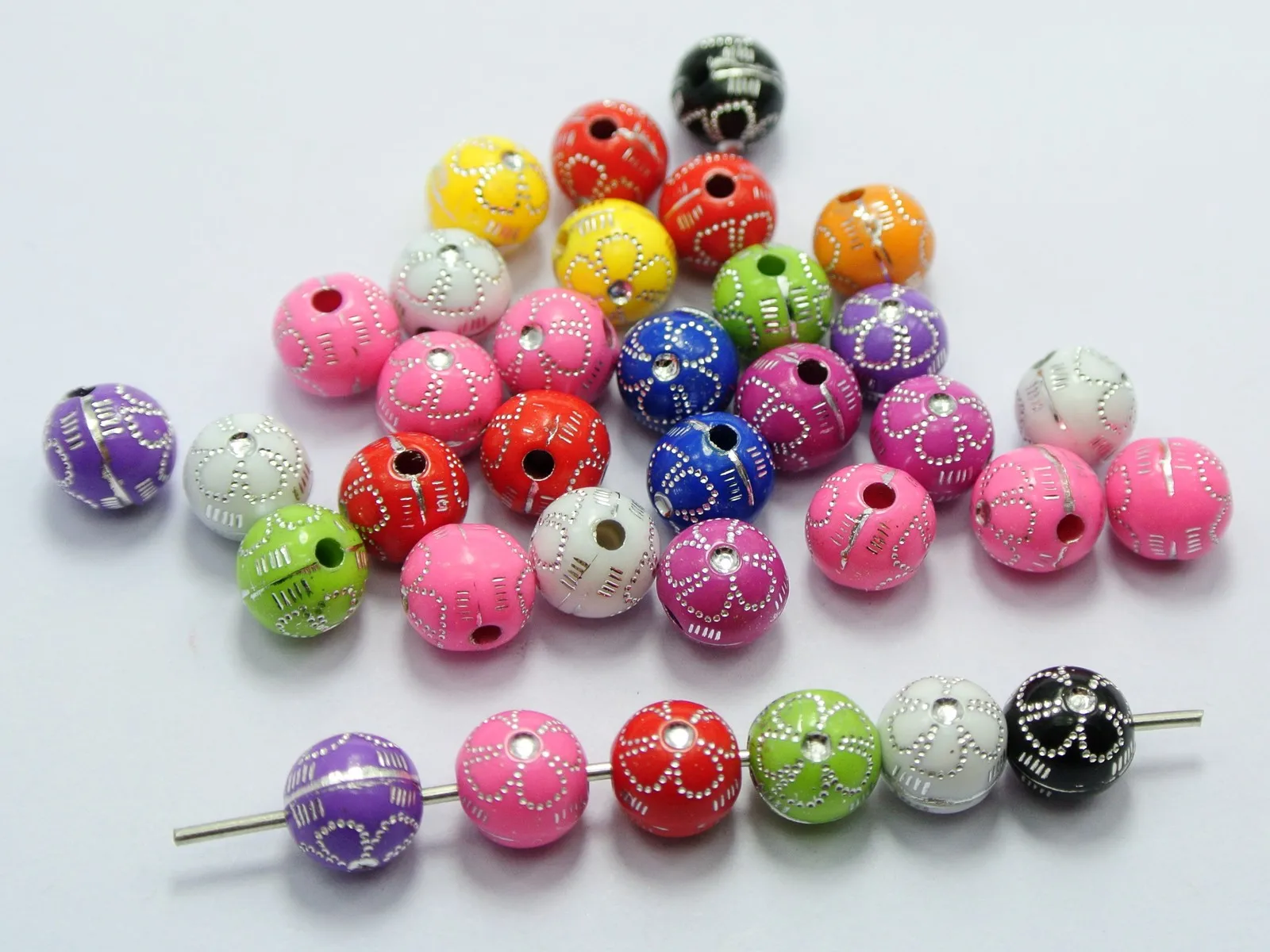 

200 Mixed Colour Sparkling Silver-plate Flower Pattern Acrylic Round Beads 8mm