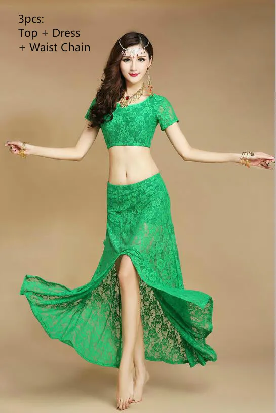 3pcs Green Женская одежда для танца живота, женская одежда для танца живота, кружевное платье, набор для танца живота, восточные костюмы, одежда для выступлений - Цвет: 3pcs Green