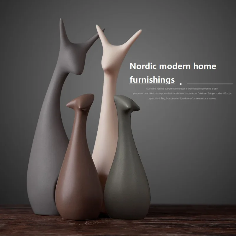 3/4pcs Nordic Modern Abstract Deer Cat Figurines Family Creative Home Decoration Ceramic Crafts | Дом и сад