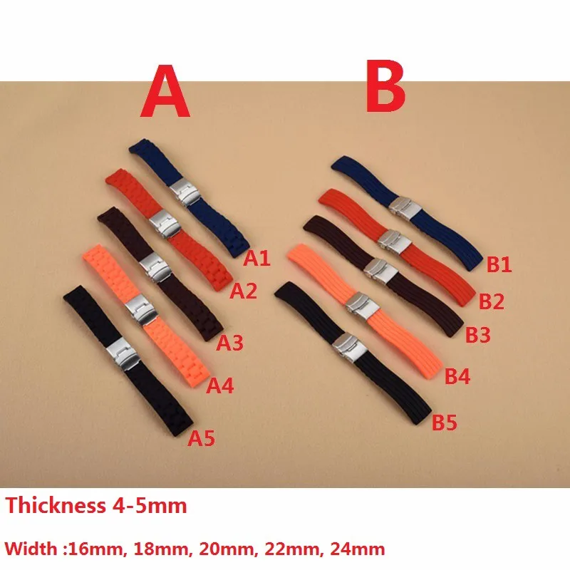 5 colors 18mm 20mm 22mm 24mm Universal Watch Band Silicone Rubber Link Bracelet Wrist Strap Light Soft For Men Women Wristwatch