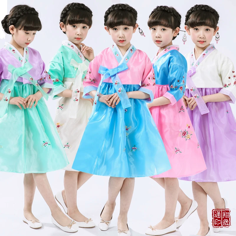 Разноцветное короткое корейское платье Hanbok для девочек детский Азиатский